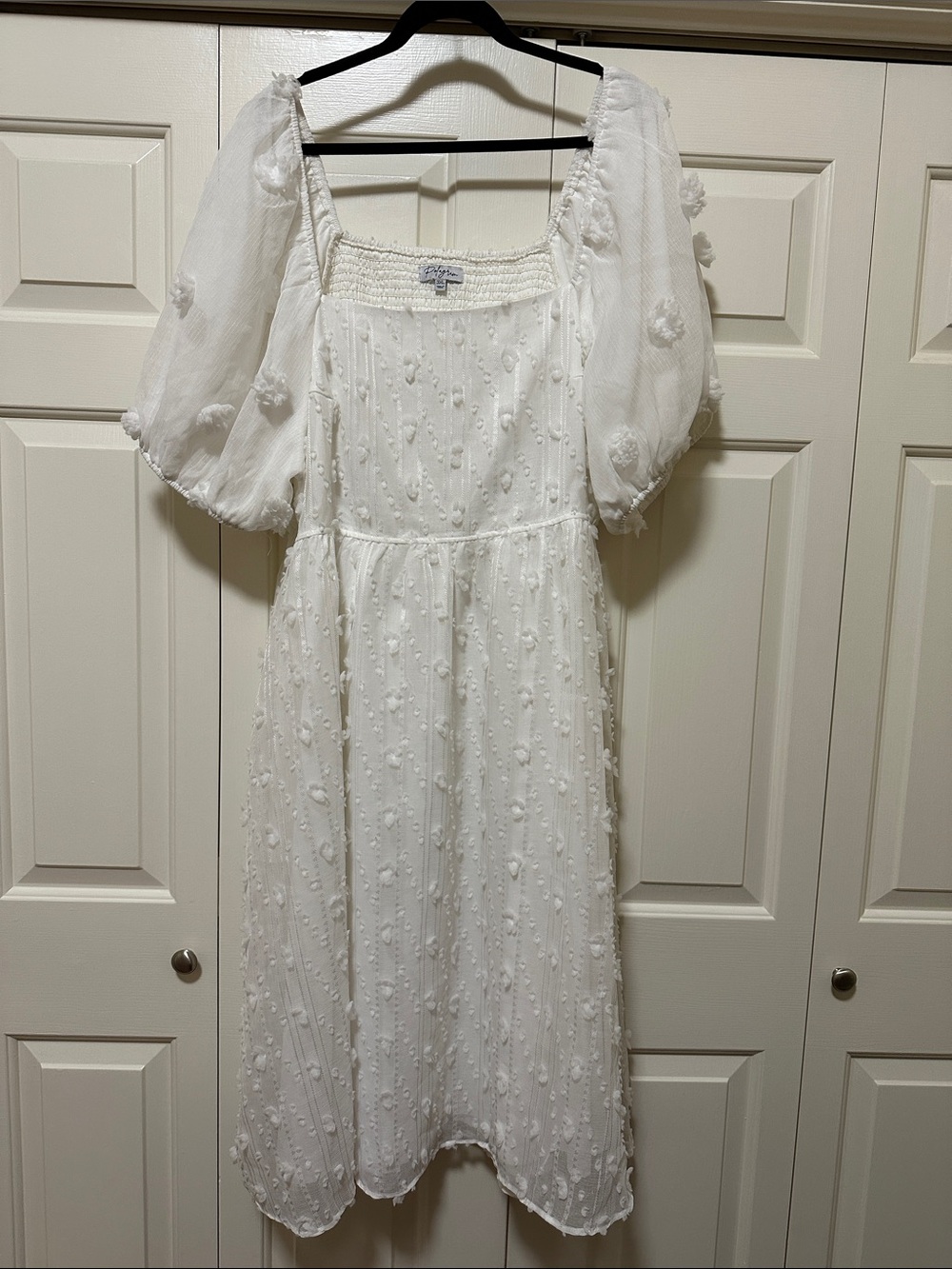 Polagram White Puff-Sleeve Midi Dress with Textured Dots